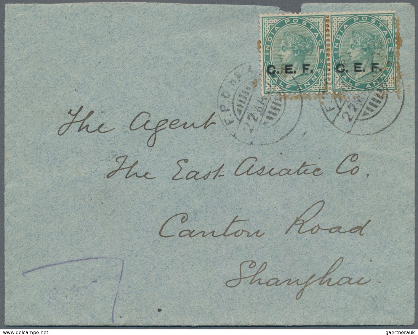 China - Besonderheiten: 1902, India C.E.F. Ovpts. QV 1/2 A. (2) Canc. "F.P.O.1 22 MAR 07" To Small C - Sonstige & Ohne Zuordnung