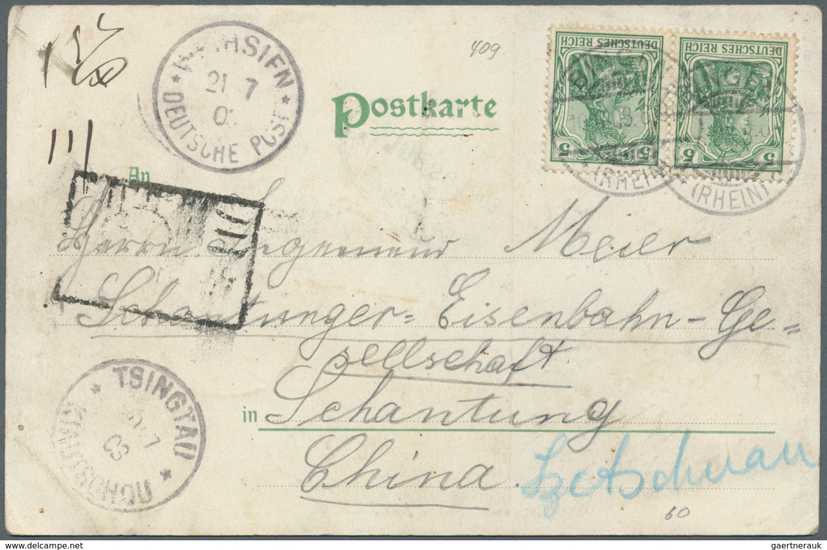 China - Besonderheiten: Incoming Mail, 1903, Germany 5 Pf. Pair Tied "BINGEN" To Ppc To Engineer At - Sonstige & Ohne Zuordnung