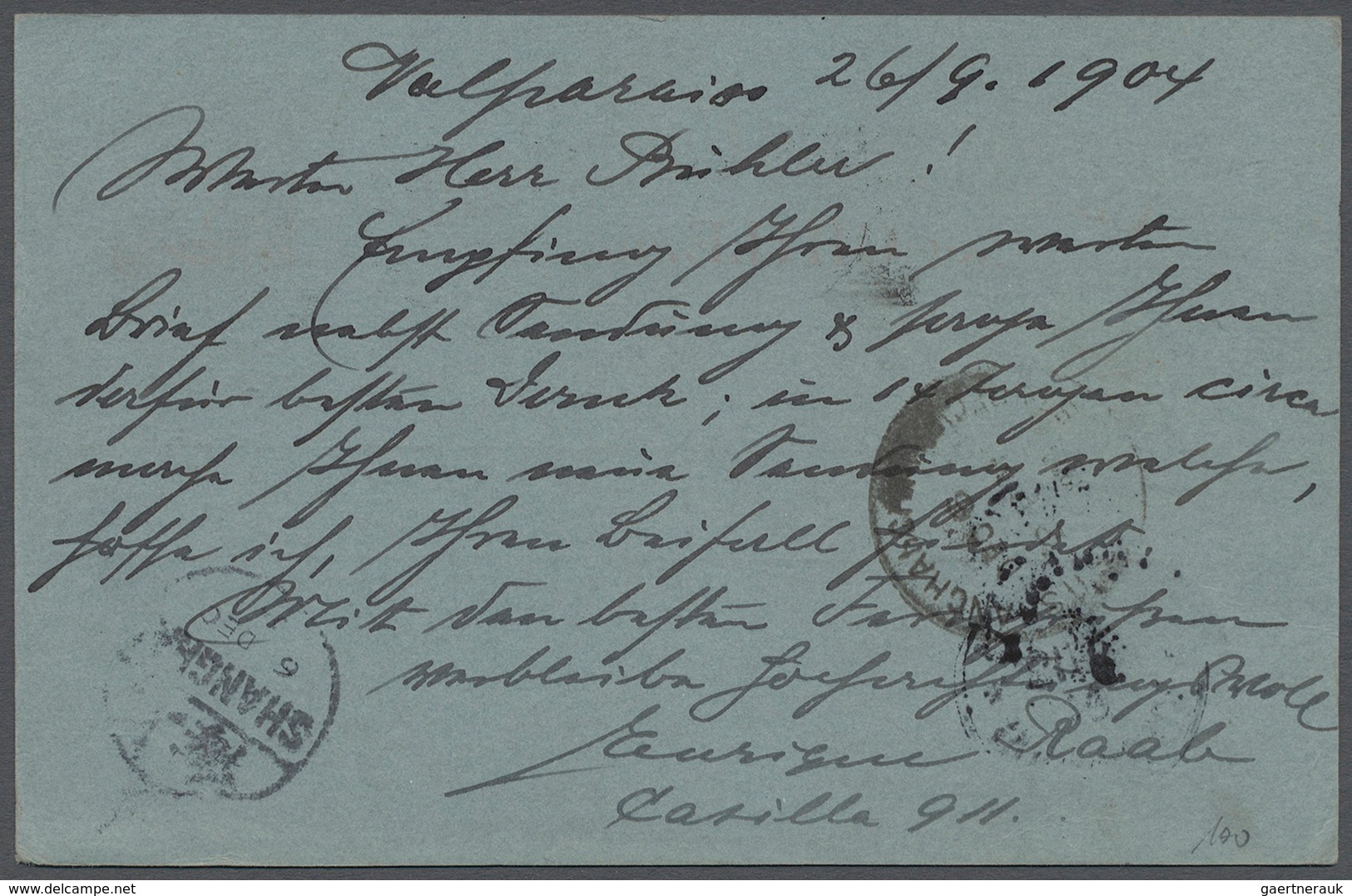China - Besonderheiten: 1904, Incoming Mail, Chile: Card 3 C. Canc. „VALPARAISO 26 IX. 04” Via San F - Sonstige & Ohne Zuordnung