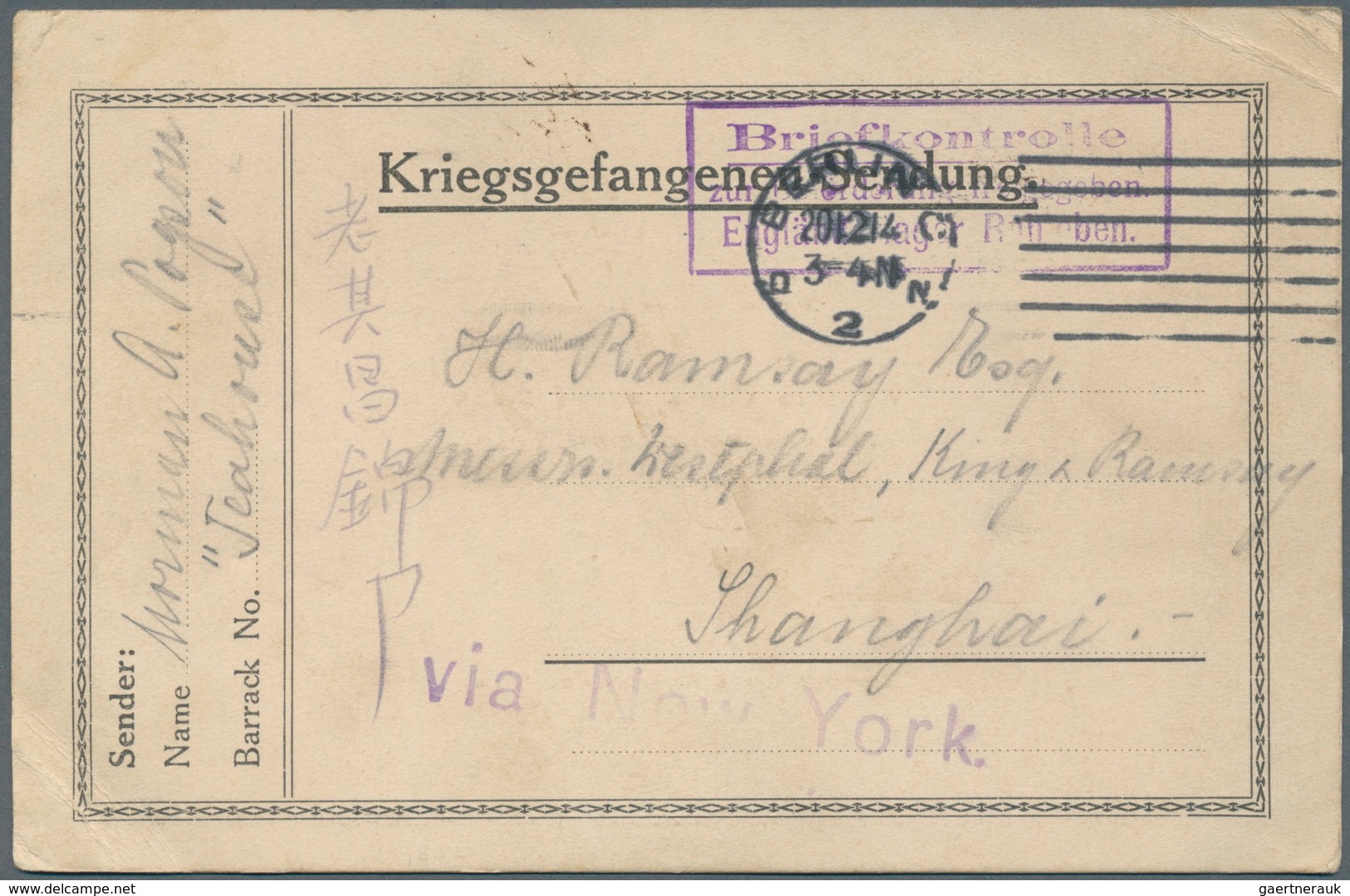 China - Besonderheiten: 1914. British Civil Prisoner Of War 'Kriegsgefangenen -Sendung' Card Written - Sonstige & Ohne Zuordnung