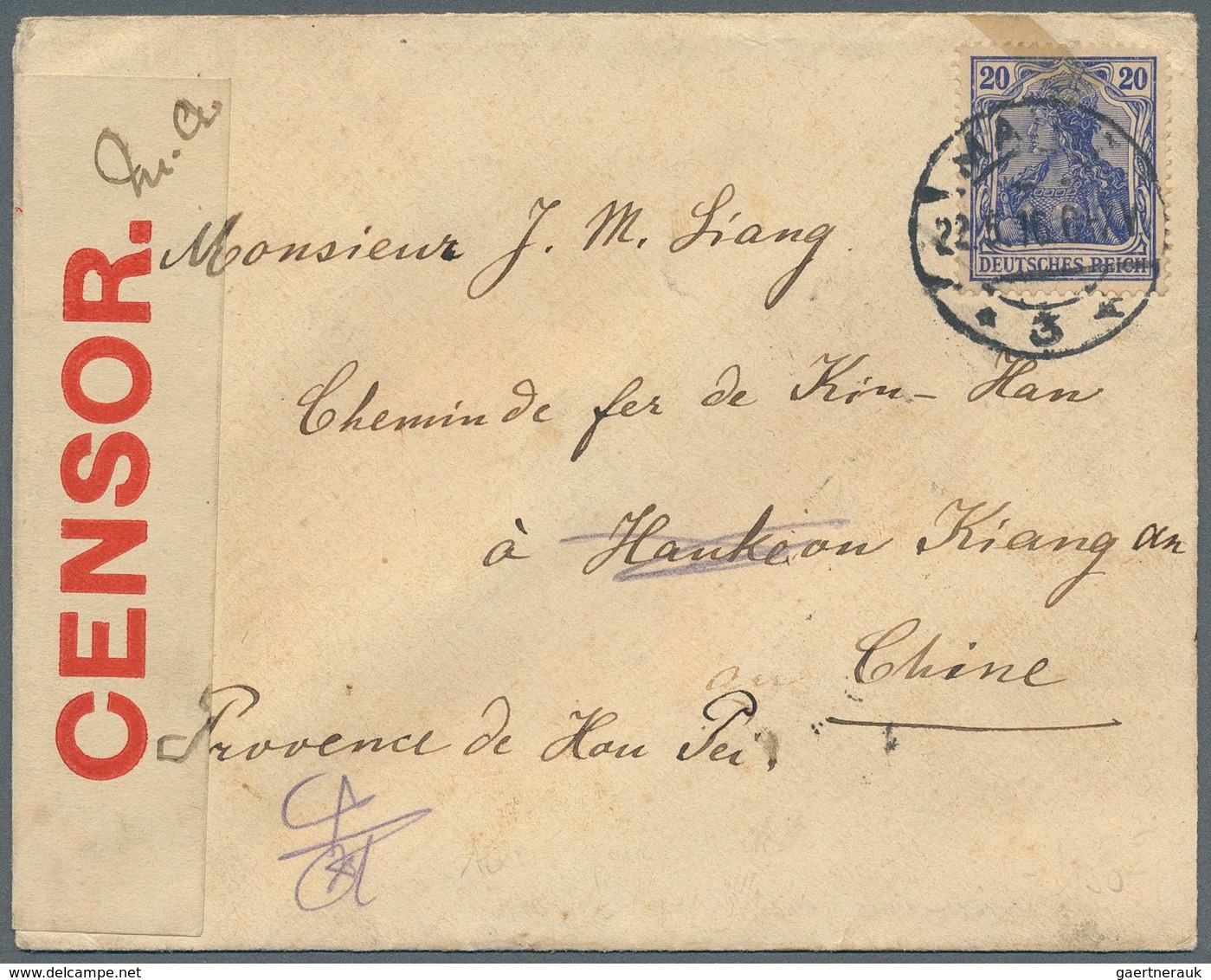 China - Besonderheiten: Incoming Mail, 1916, Germany 20 Pf. Tied "MAINZ 22.5.16" To Small Censored C - Sonstige & Ohne Zuordnung