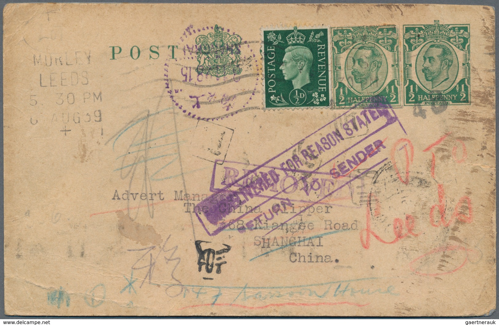 China - Besonderheiten: 1939. Great Britain Postal Stationery Card 'GV' Halfpenny Green Upgraded Wit - Sonstige & Ohne Zuordnung