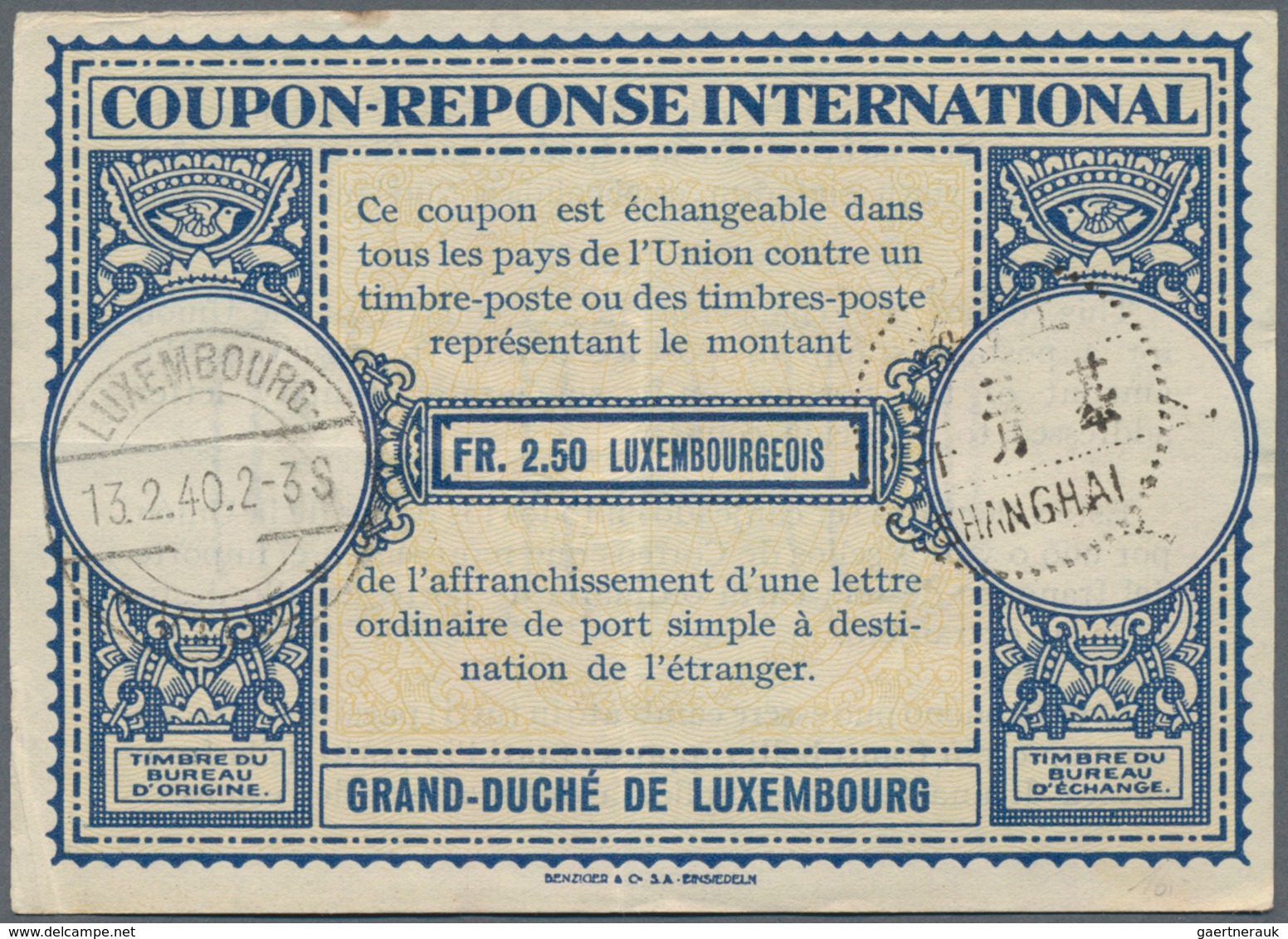 China - Besonderheiten: 1940, IRC International Reply Coupon Luxemburg 2.50 Fr. Pmkd. "LUXEMBOURG 13 - Sonstige & Ohne Zuordnung