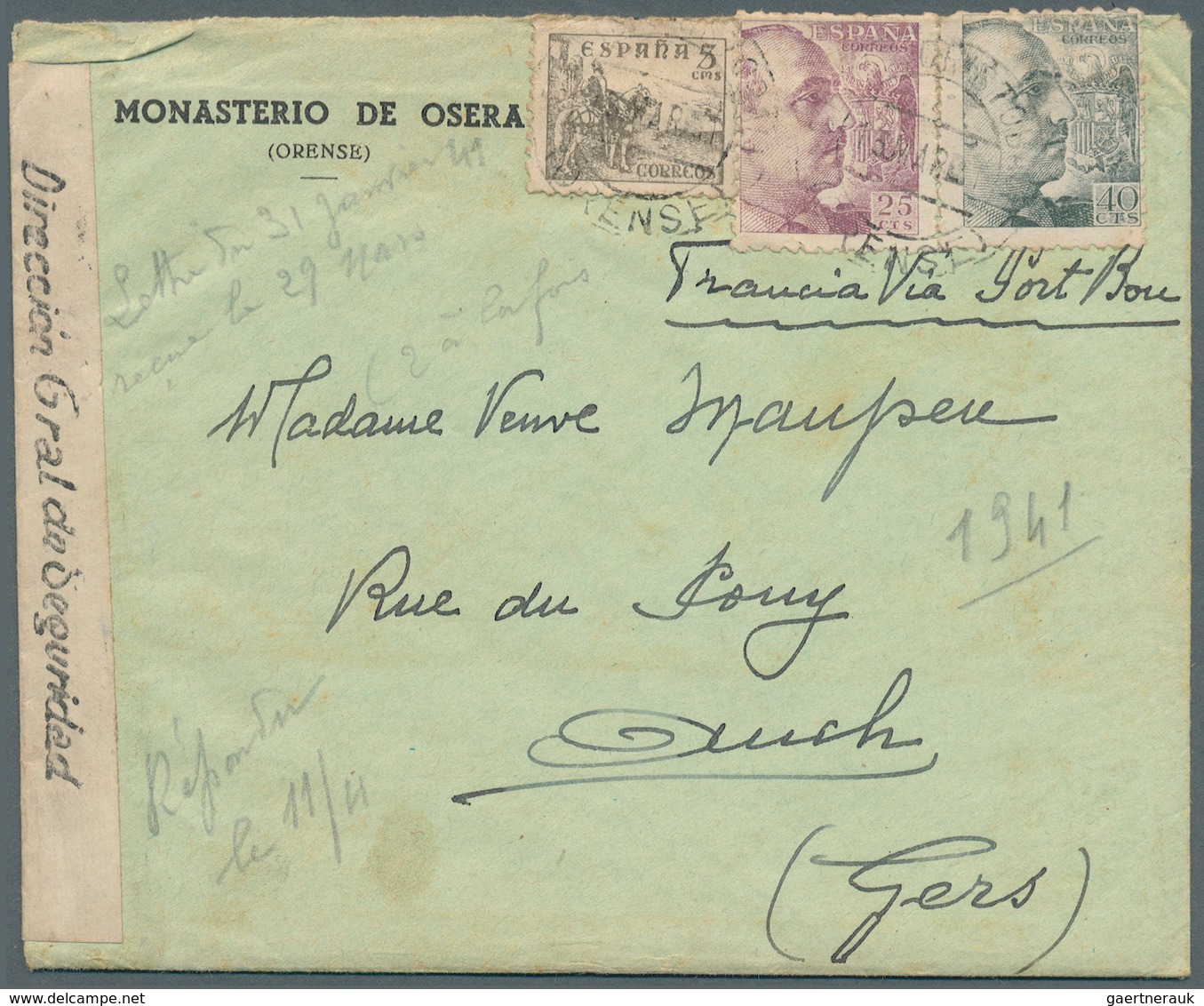 China - Besonderheiten: 1941 (SPAIN UNDER COVER MAIL). Letter Written From 'Father Maupeu, Monastere - Sonstige & Ohne Zuordnung