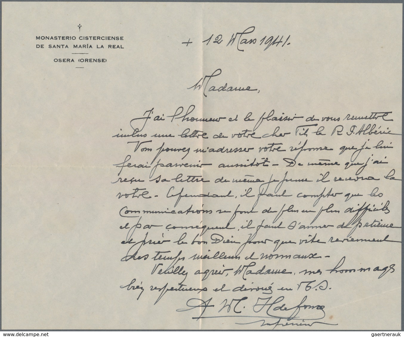 China - Besonderheiten: 1941 (SPAIN UNDER COVER MAIL). Letter Written From 'Father Maupeu, Monastere - Sonstige & Ohne Zuordnung