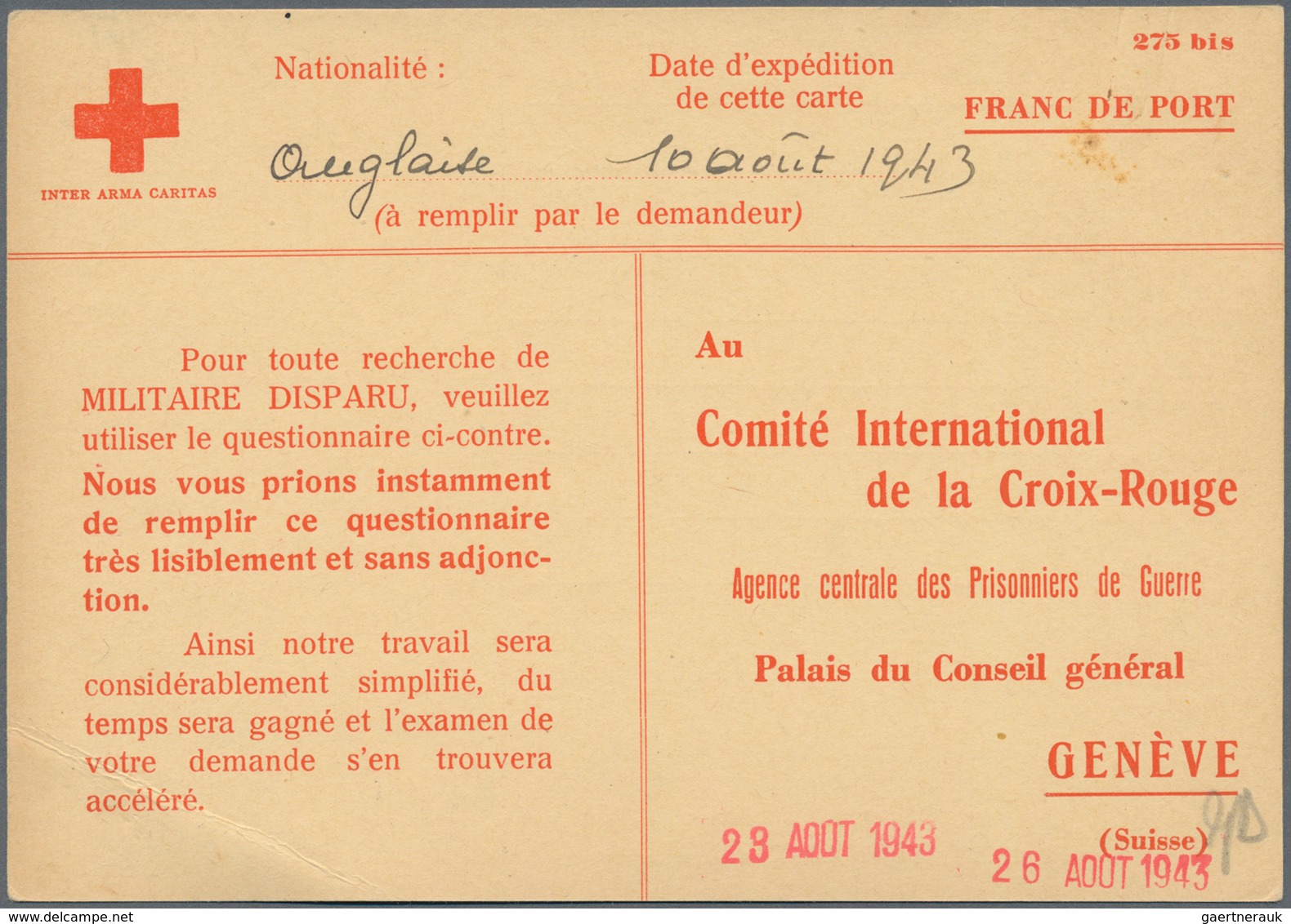 China - Taiwan (Formosa): 1943. Red Cross Information Card Cancelled 'Comite International De La Cro - Sonstige & Ohne Zuordnung