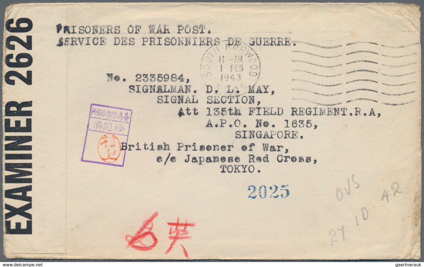 China - Taiwan (Formosa): 1943. Stamp-less Envelope Headed 'Service Des Prisonniers De Guerre' Addre - Autres & Non Classés