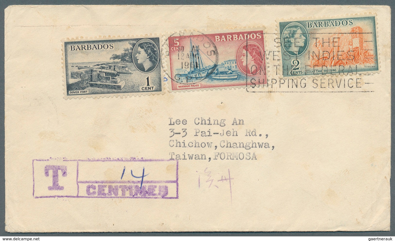 China - Taiwan - Portomarken: 1961. Envelope To Taiwan Bearing Barbados QEII, 1c Black, 2c Grey/oran - Sonstige & Ohne Zuordnung