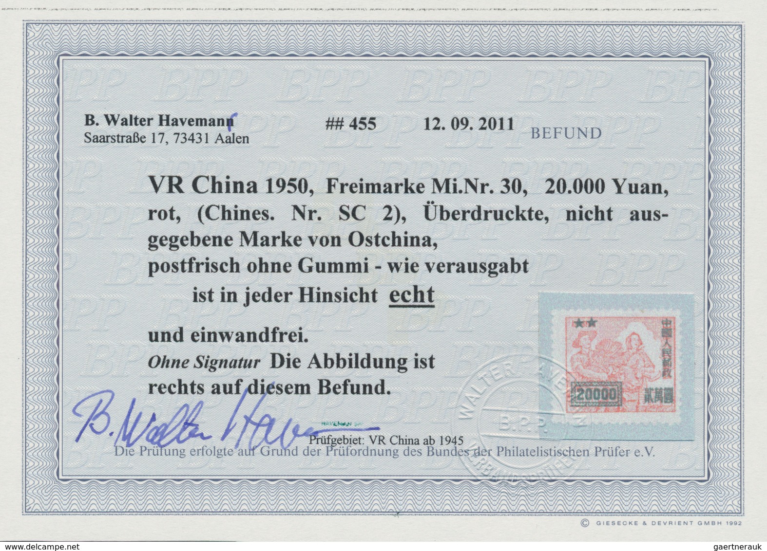 China - Volksrepublik: 1950, $20.000/$10.000, Unused No Gum As Issued, Opinion Haveman BPP (2011). M - Sonstige & Ohne Zuordnung
