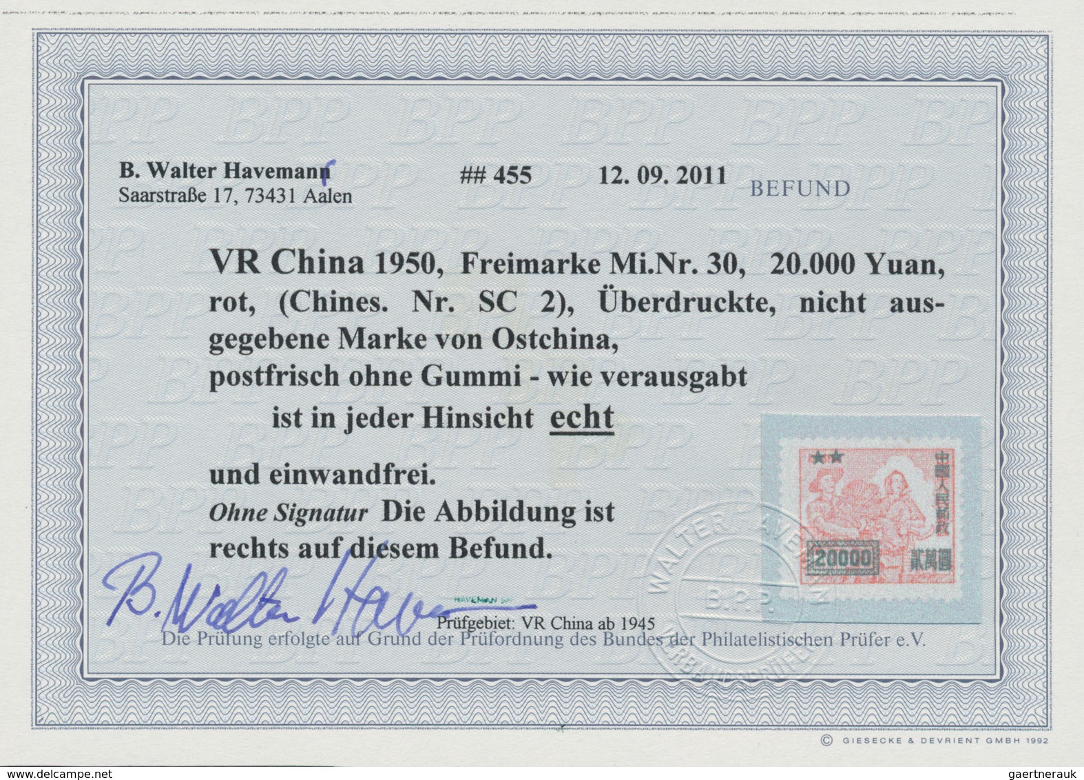 China - Volksrepublik: 1950, $20.000/$10.000, Unused No Gum As Issued, Opinion Haveman BPP (2011). M - Other & Unclassified