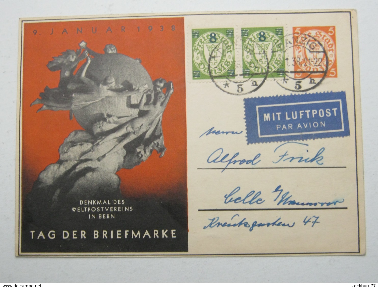 DANZIG , 1938 , 5 Pfg. Danzig - Ganzsache Als Luftpostkarte Nach Celle  , Rs. Viel Text - Sonstige & Ohne Zuordnung