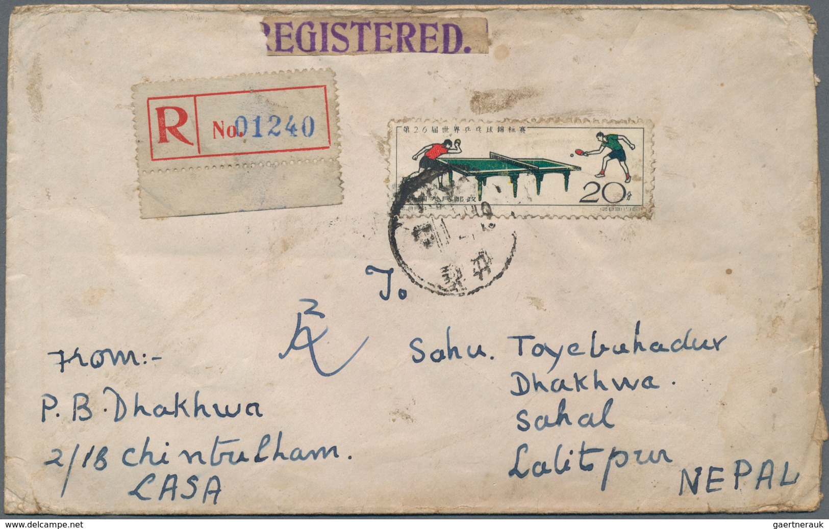 China - Volksrepublik: 1961, Table Tennis World Championships 20 F., Tied "Lasa" To Registered Cover - Other & Unclassified