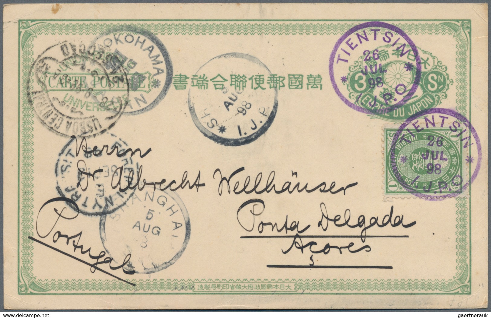 Japanische Post In China: 1892, UPU Card 3 S. Uprated 1 S. Green Tied "TIENTSIN I.J.P.O. 26 JUL 98" - 1943-45 Shanghai & Nanjing