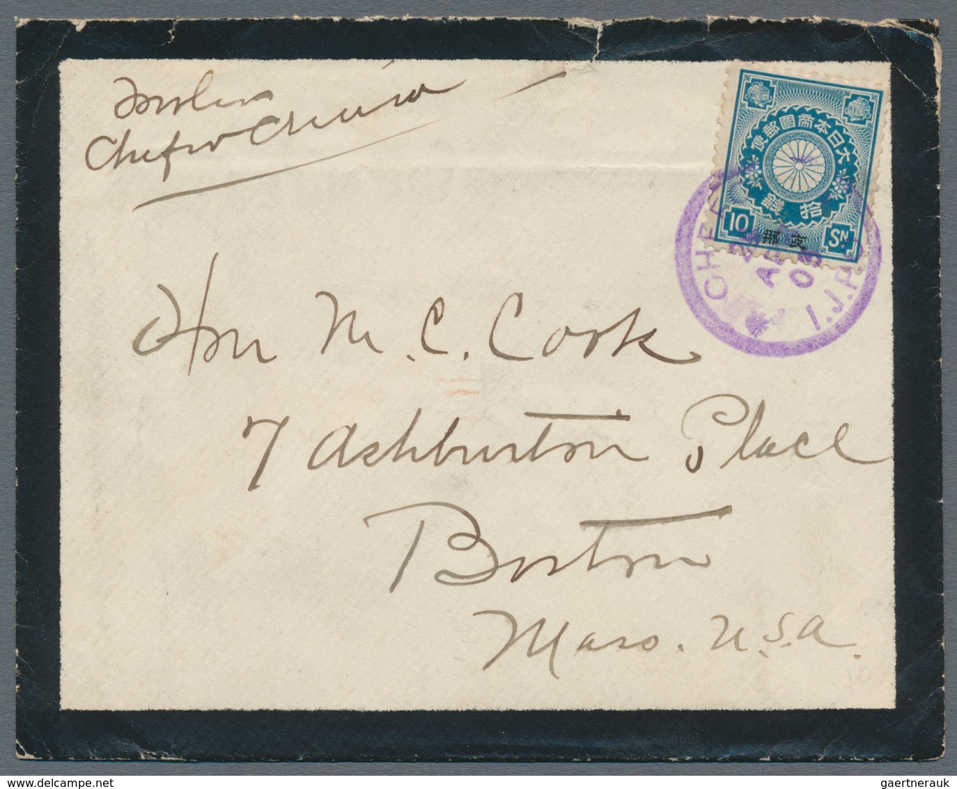 Japanische Post In China: 1899, 10 S. Blue Tied Violet "CHEFOO 25 APR 03" To Small Size Mourning Cov - 1943-45 Shanghai & Nanjing