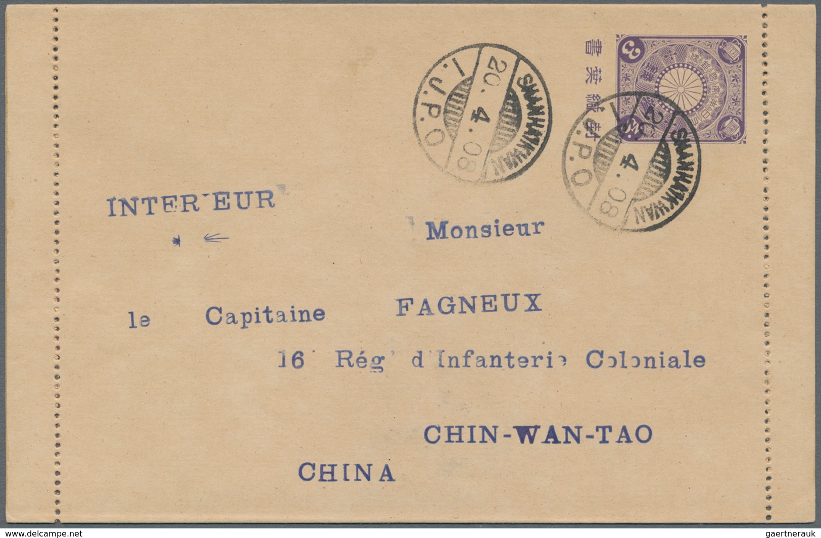 Japanische Post In China: 1908, Two Staionery Cards With Additional Franking And One Card Letter Eac - 1943-45 Shanghai & Nanjing