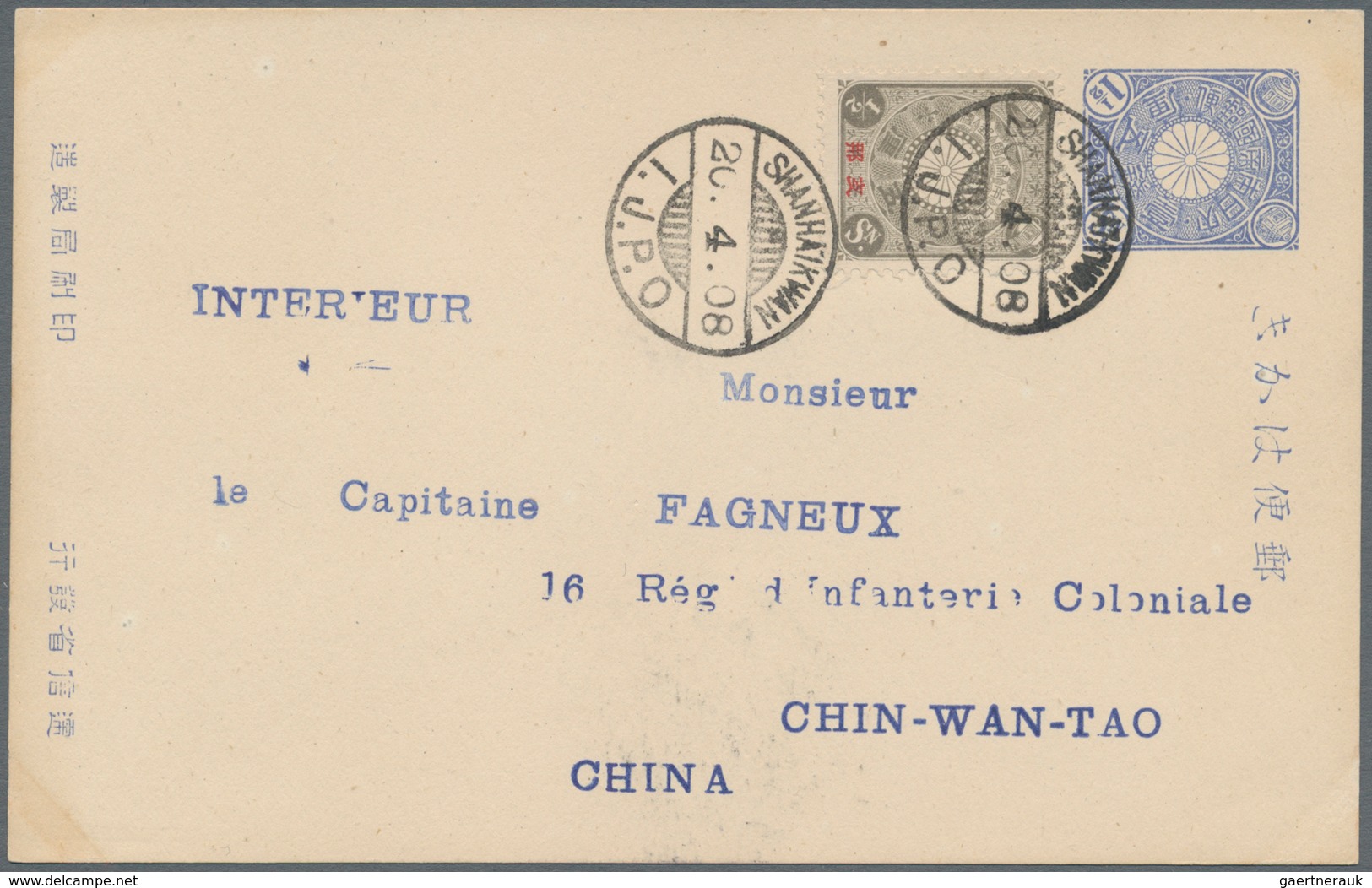 Japanische Post In China: 1908, Two Staionery Cards With Additional Franking And One Card Letter Eac - 1943-45 Shanghai & Nanjing