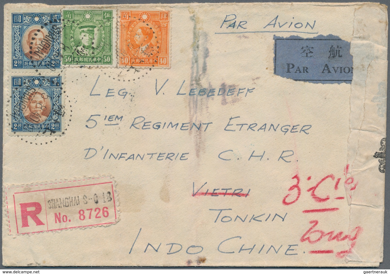 Japanische Besetzung  WK II - China - Zentralchina / Central China: 1940, $4.90 Franking Tied "SHANG - 1943-45 Shanghai & Nanjing