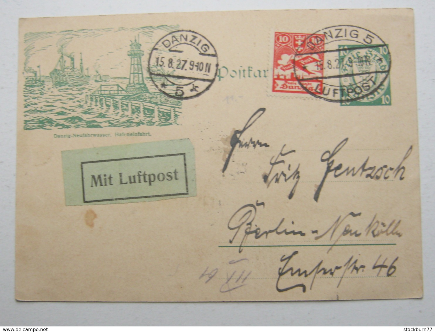 DANZIG , 10 Pfg. Bildganzsache ( P 38 II)  Mit Zusatzfrankatur Als Luftpostkarte, Sehr Selten 1927 - Sonstige & Ohne Zuordnung