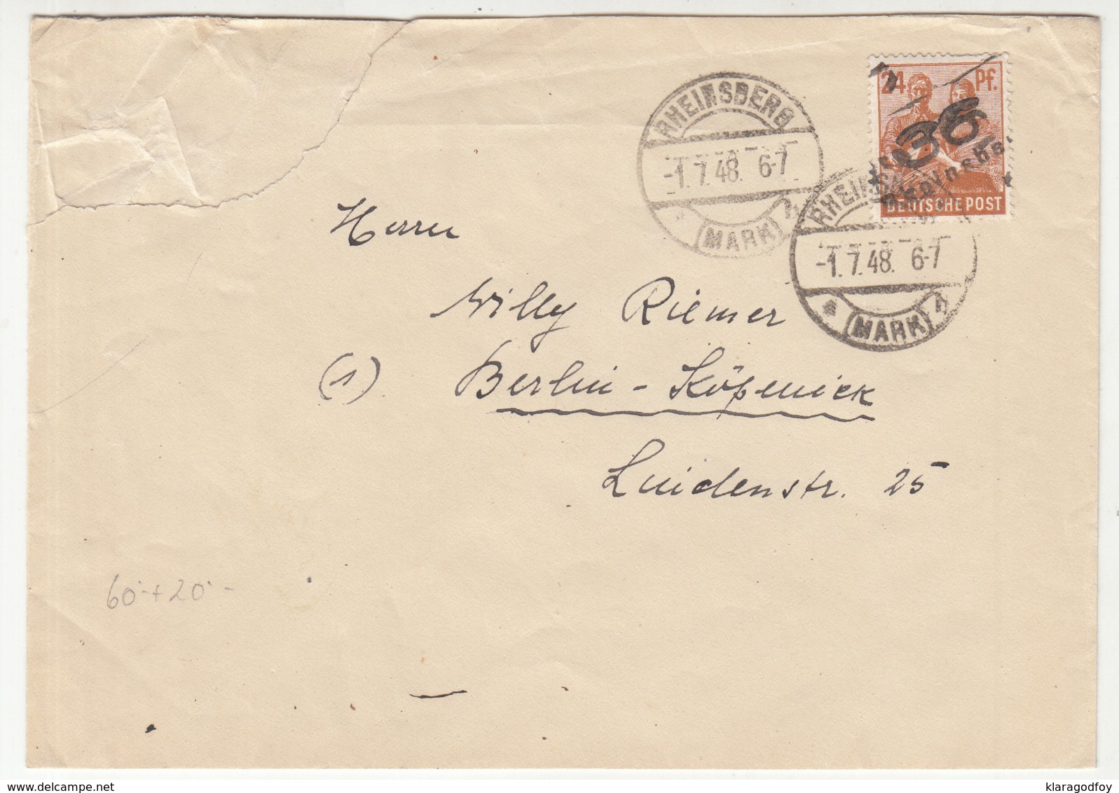 Soviet Zone, Letter Cover Travelled 1948 Rheinsberg Pmk B190120 - Autres & Non Classés