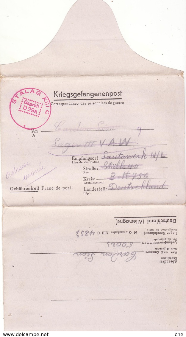 PRISONNIER DE GUERRE 40 45 STALAG XIIIC VERS STALAG LAGER VAWLAUTAWERK N/L  COURRIER PERE A FILS MENTION ADRESSE ERRONEE - Militaria