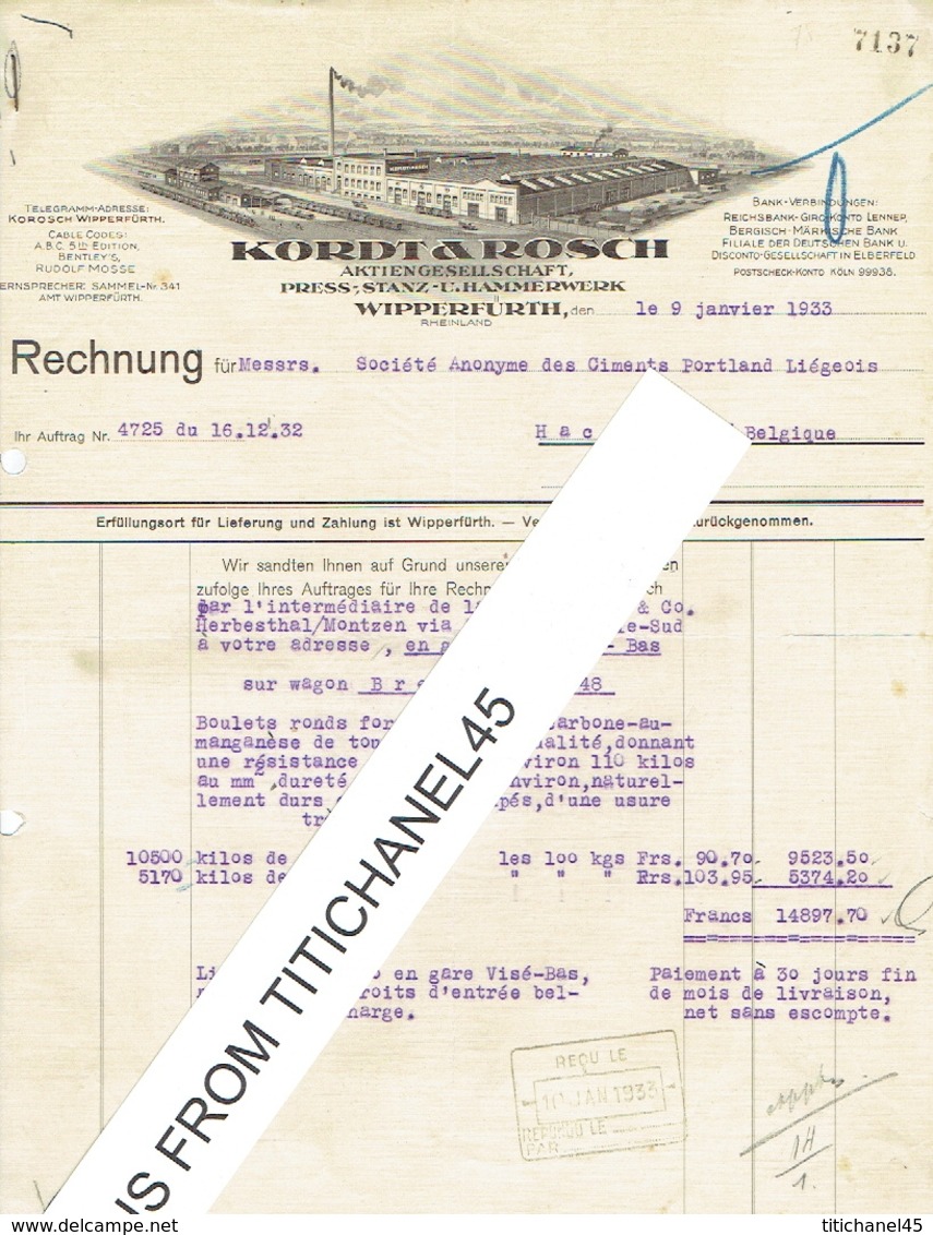 Rechnung 1933 WIPPERFÜRTH - KORDT & ROSCH - Press, Stanz-u. Hammerwerk - Autres & Non Classés