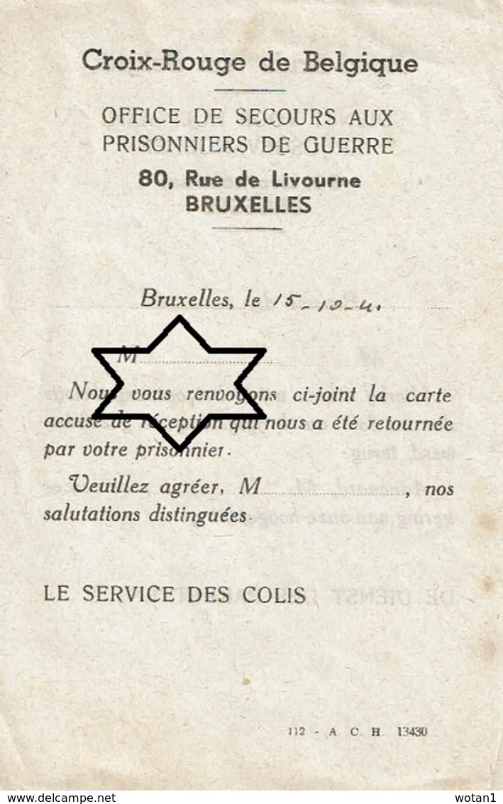 Croix Rouge De Belgique - Office De Secours Aux Prisonniers De Guerre : Carte Accusé De Réception De Colis Non Utilisée - 1939-45