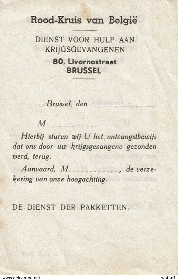 Croix Rouge De Belgique - Office De Secours Aux Prisonniers De Guerre : Carte Accusé De Réception De Colis Non Utilisée - 1939-45