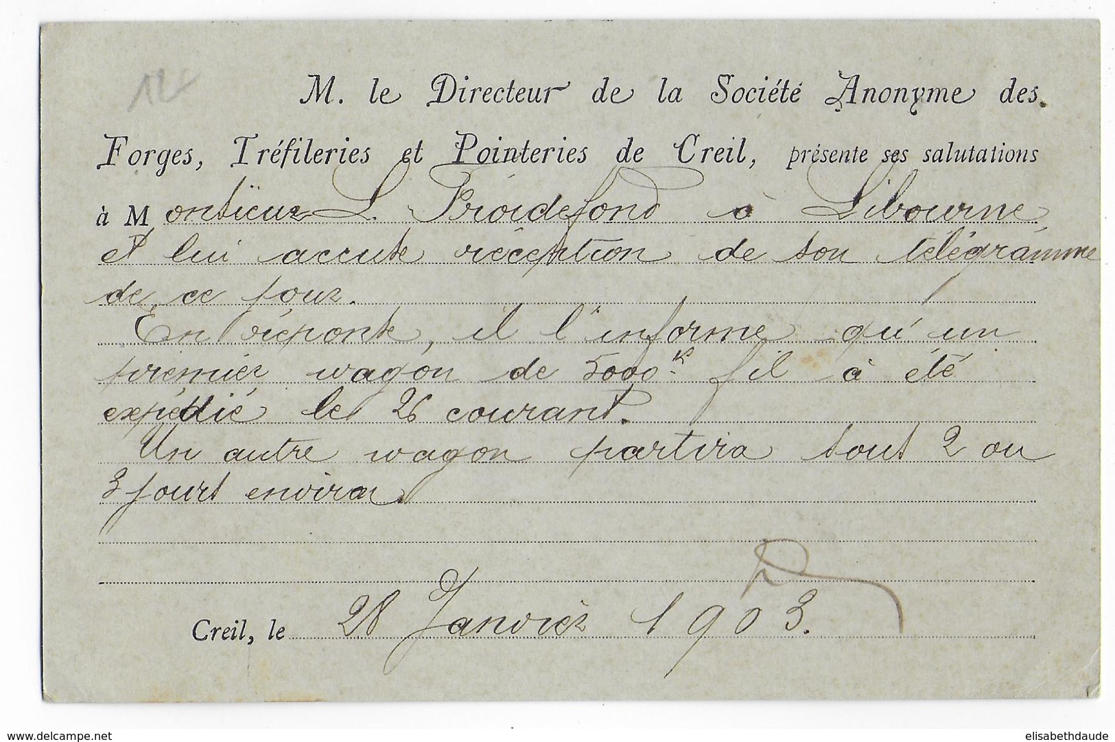 1903 - CARTE ENTIER MOUCHON Avec REPIQUAGE "FORGES De CREIL" De CREIL (OISE) => LIBOURNE - Overprinter Postcards (before 1995)