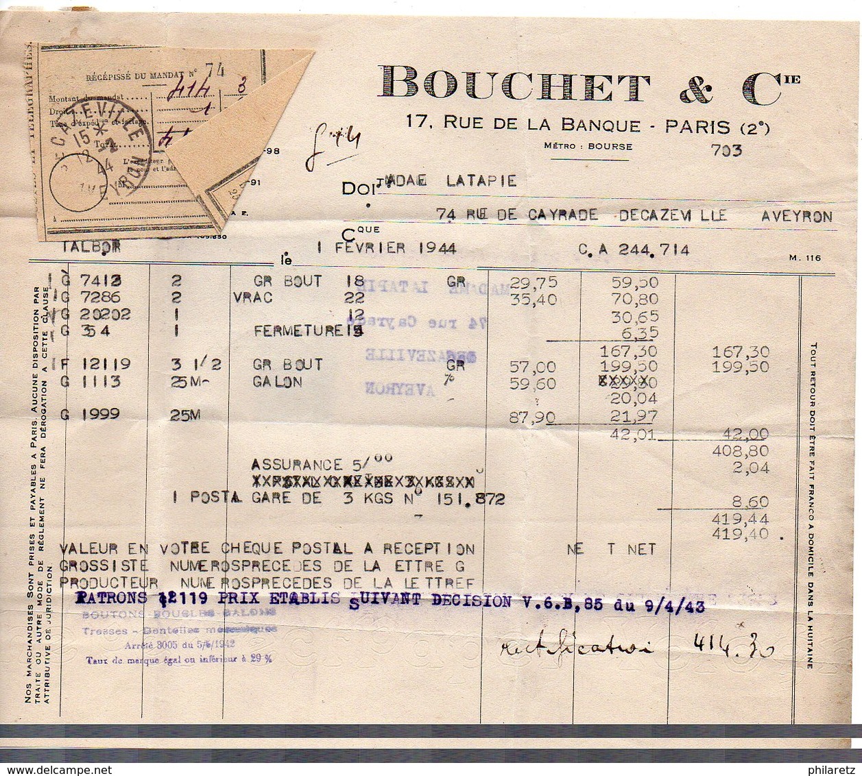 Mercure + Pétain Perforé B.C. Sur Facture De 1944 De Bouchet & Cie / Paris - Autres & Non Classés