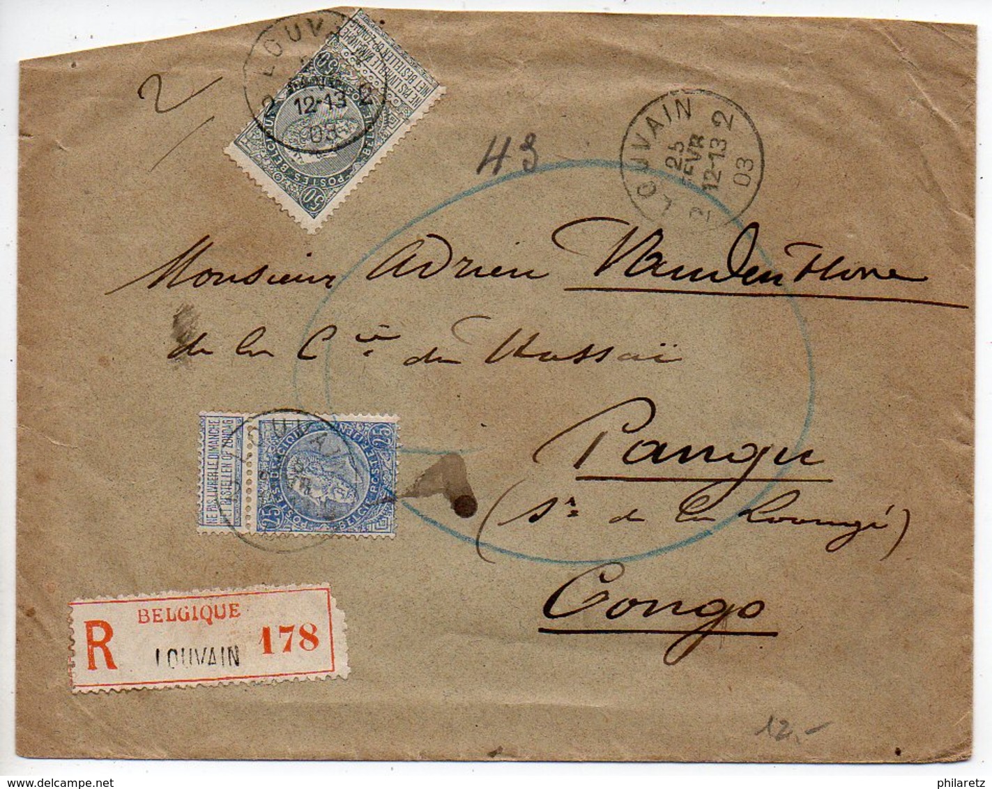 Belgique : Fine Barbe 25c + 50c Sur Lettre Recommandée De 1903 Pour Pangu (Congo Belge, Zaïre) - 1893-1900 Thin Beard