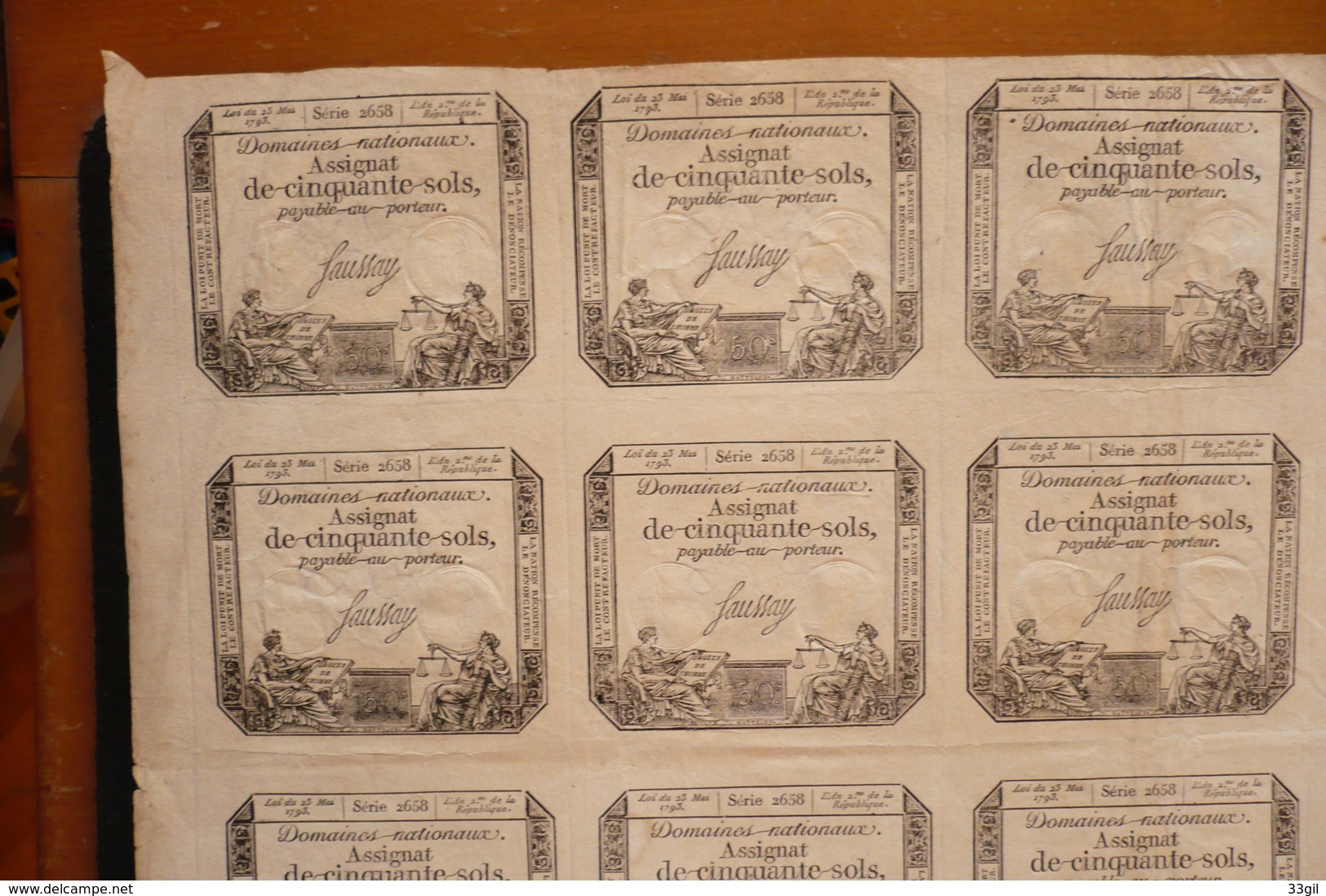 Planche De 20 Assignats De 50 Sols Série 2658 Du 23 Mai 1793 An 2 N°10 En Bas De Feuille - Assignats & Mandats Territoriaux