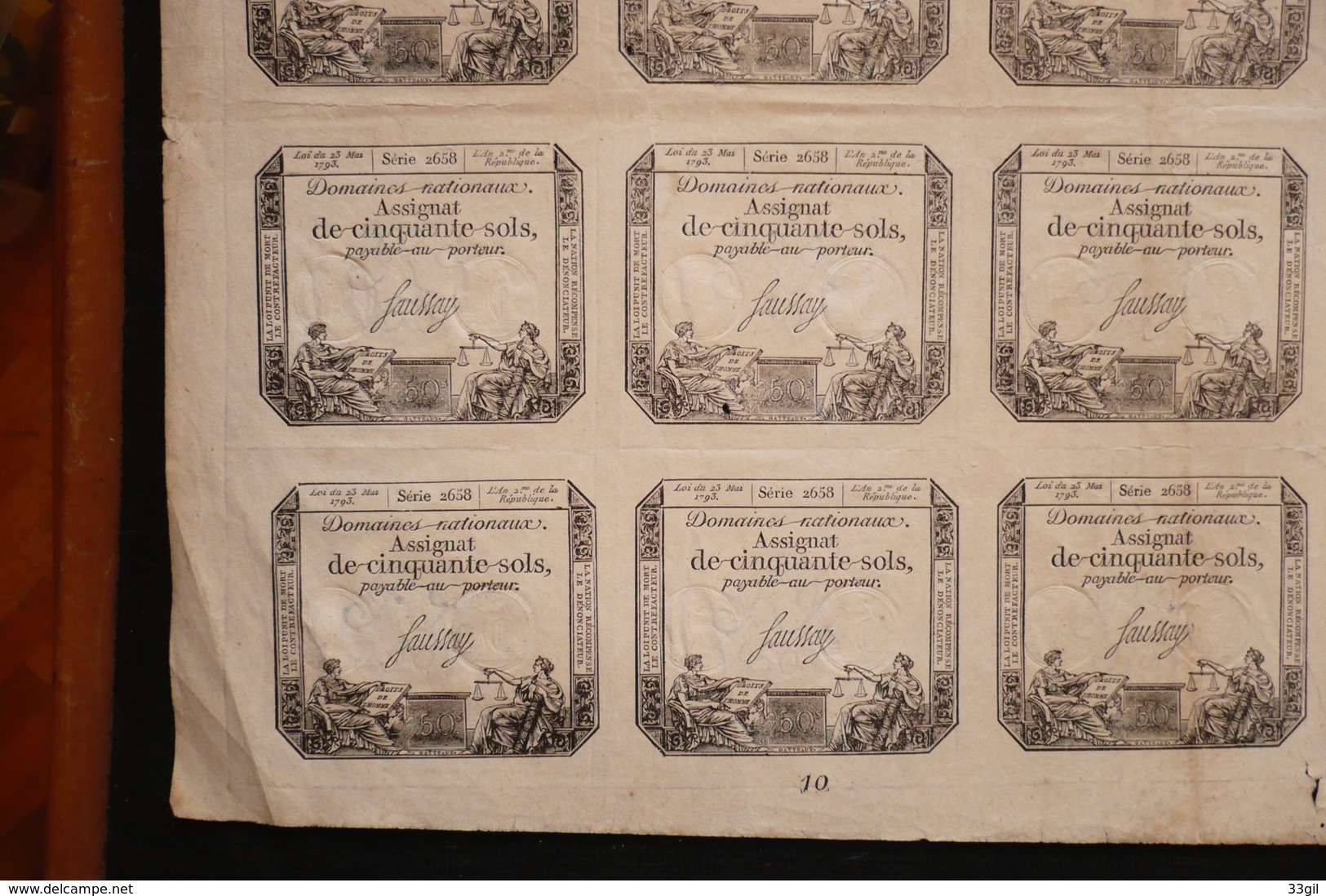 Planche De 20 Assignats De 50 Sols Série 2658 Du 23 Mai 1793 An 2 N°10 En Bas De Feuille - Assignats & Mandats Territoriaux