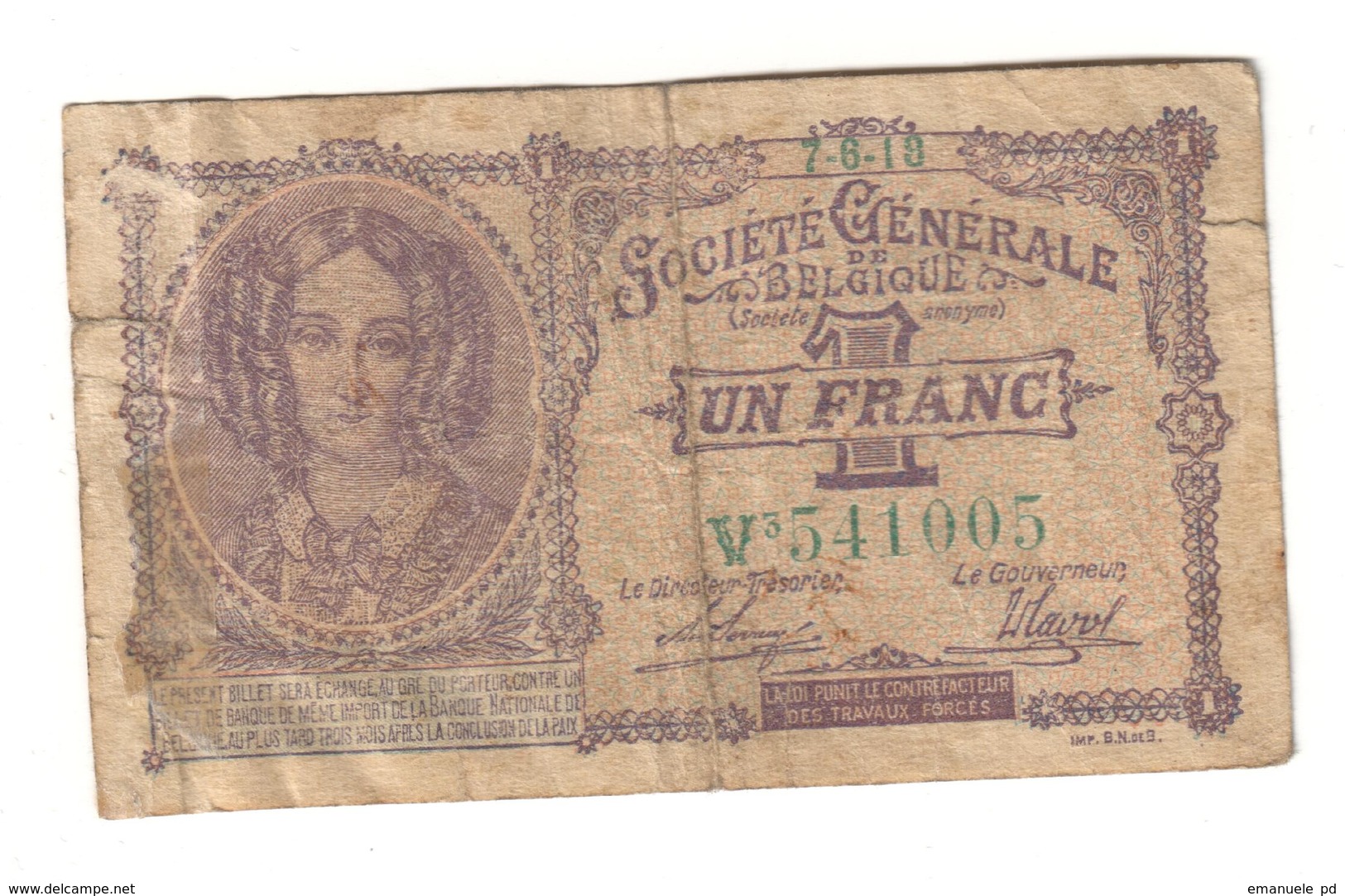 Belgium 1 Franc Societe Generale Belgique 07/06/1918 - 1-2 Francs