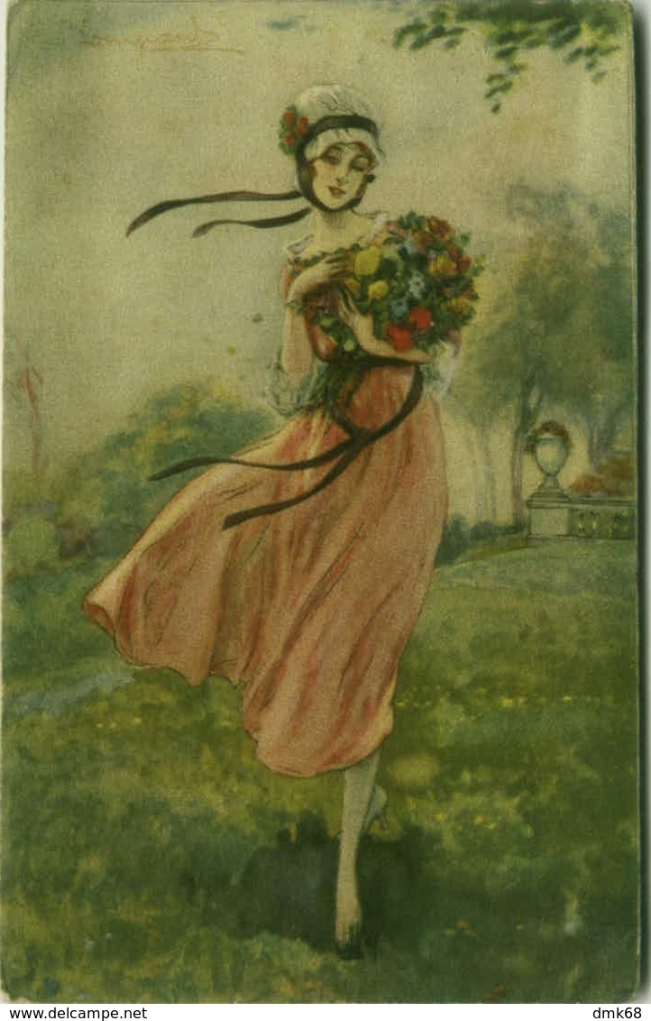 BOMPARD SIGNED POSTCARD 1910s - WOMAN & FLOWERS - N.945 (BG82) - Bompard, S.