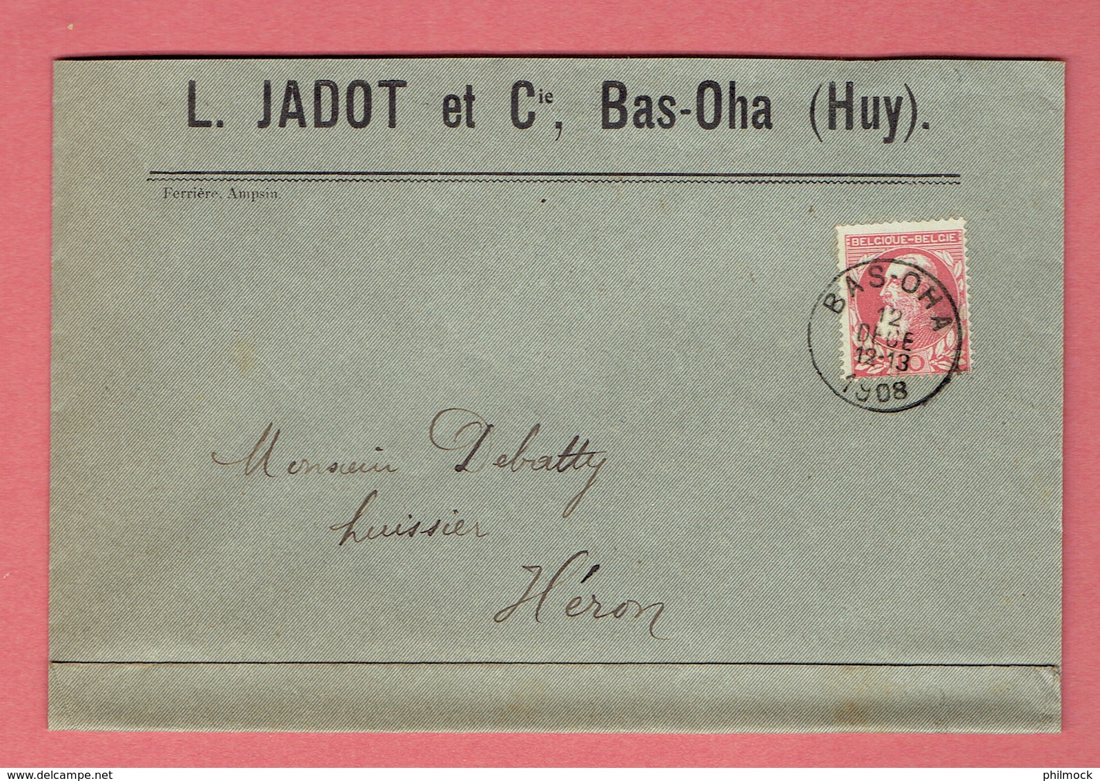 M - Lettre Commerciale 155x103 - Oblitération Bas-Oha Le 12-Dece-1908 Sur 74 - Verso Obl Héron - 1905 Grosse Barbe