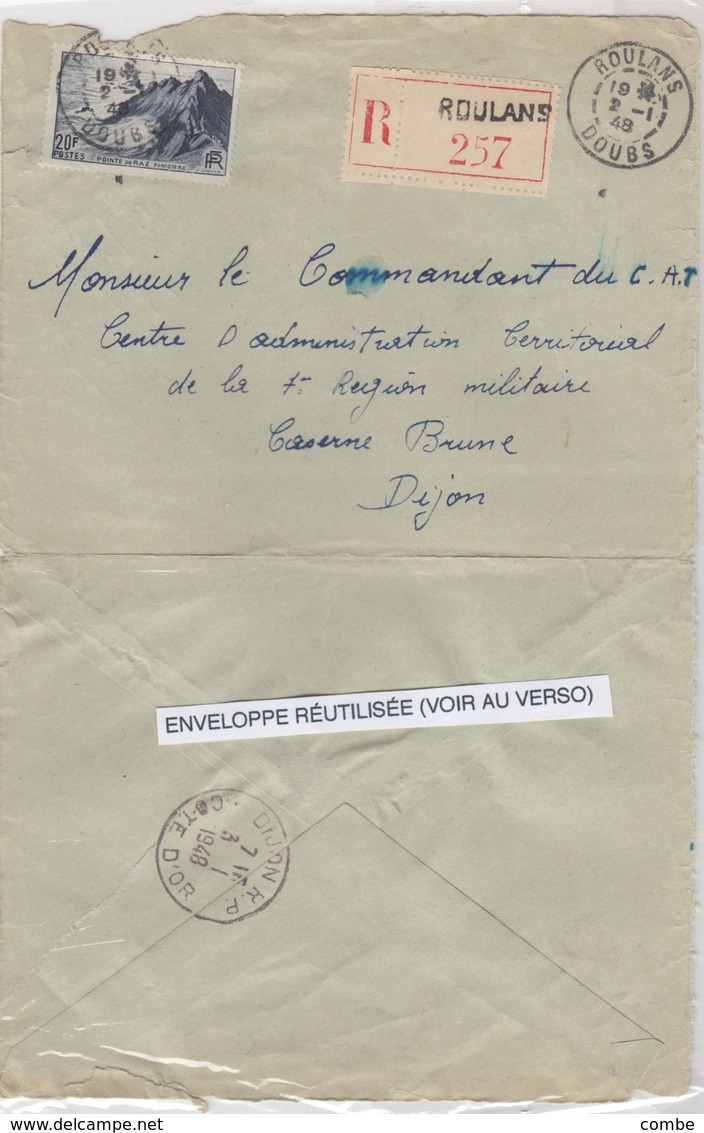 LETTRE. REUTILISÉE. CURIOSITÉ. 2 1 48 RECOMMANDÉ ROULANS  DOUBS. 8 1 48 EMA DIJON CENTRE ADMINISTRATION TERRITORIAL - 1921-1960: Moderne