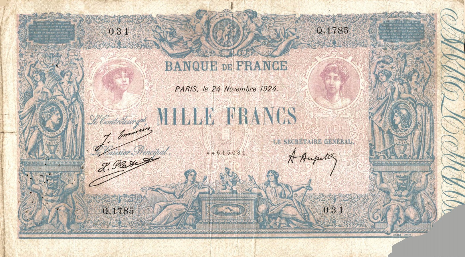 495-2019   BILLET DE 1 000 FRANCS BLEU ET ROSE DU 24-11-1924 - 1 000 F 1889-1926 ''Bleu Et Rose''