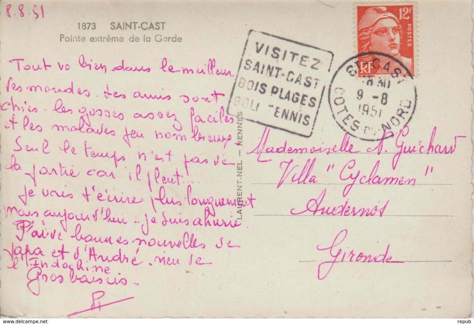 France Oblitération Daguin Cotes Du Nord Saint Cast 1951 Sur CPM - 1921-1960: Période Moderne