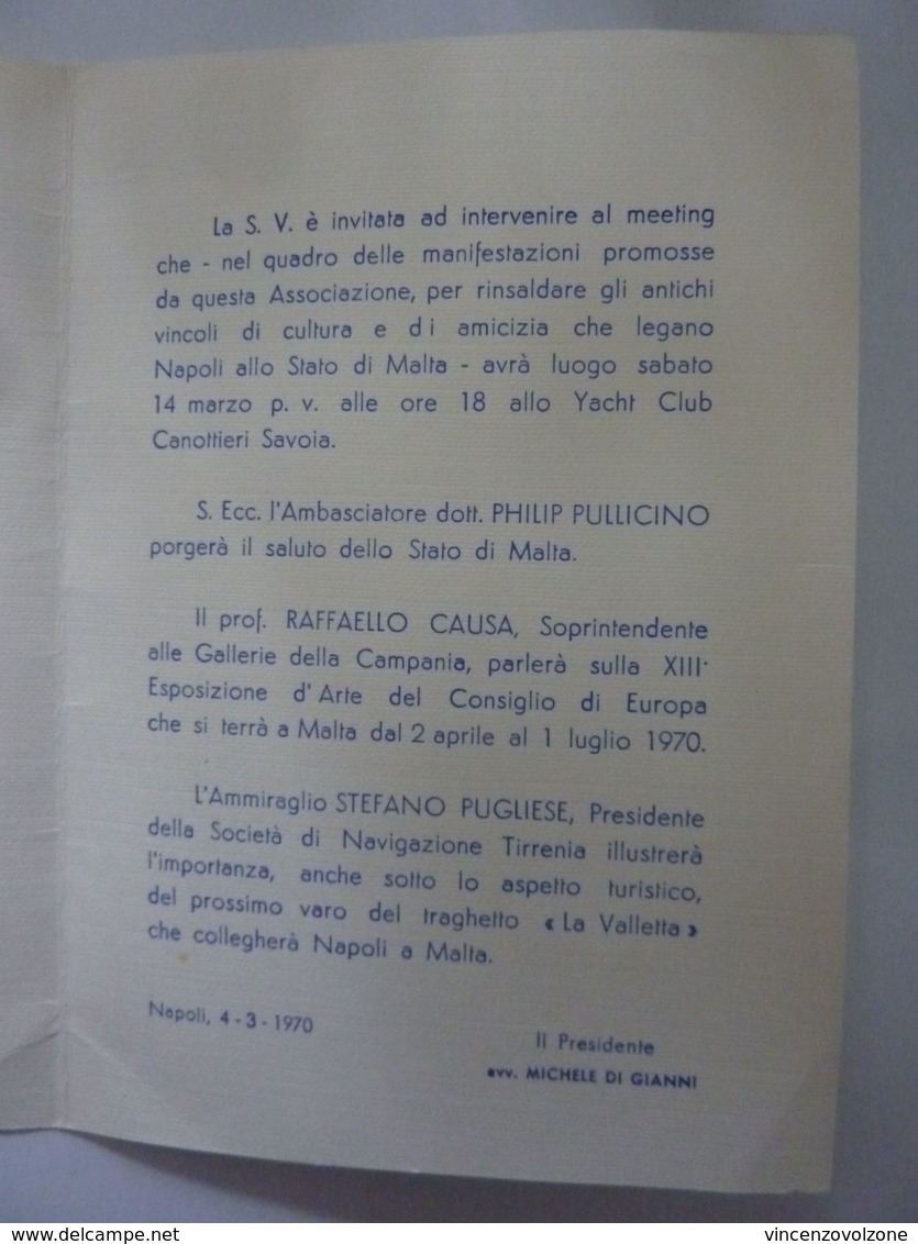 Cartoncino Invito "A.N.A.M. Associazione Napoletana Amici Di Malta  - Yacht Club Canottieri Savoia" 1970 - Programmi