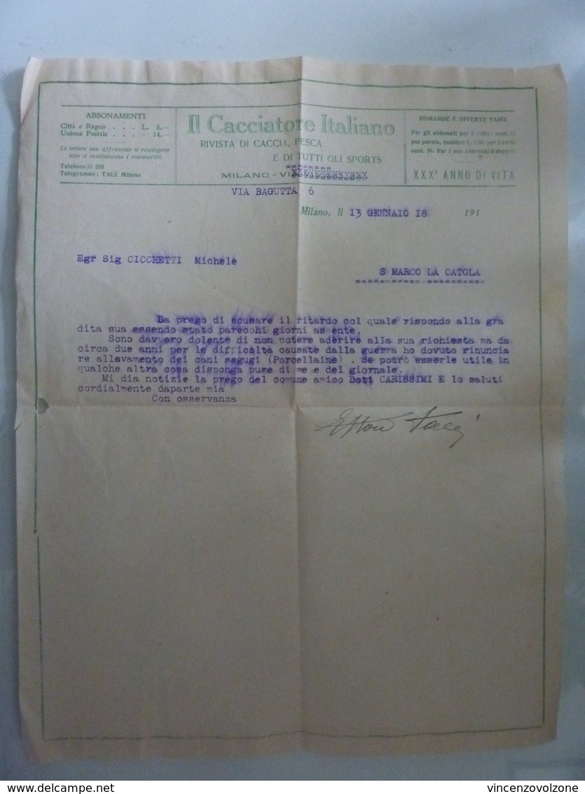 Lettera Commerciale "IL CACCIATORE ITALIANO Rivista Di Caccia, Pesca E Di Tutti Gli Sports" 1918 - Italië