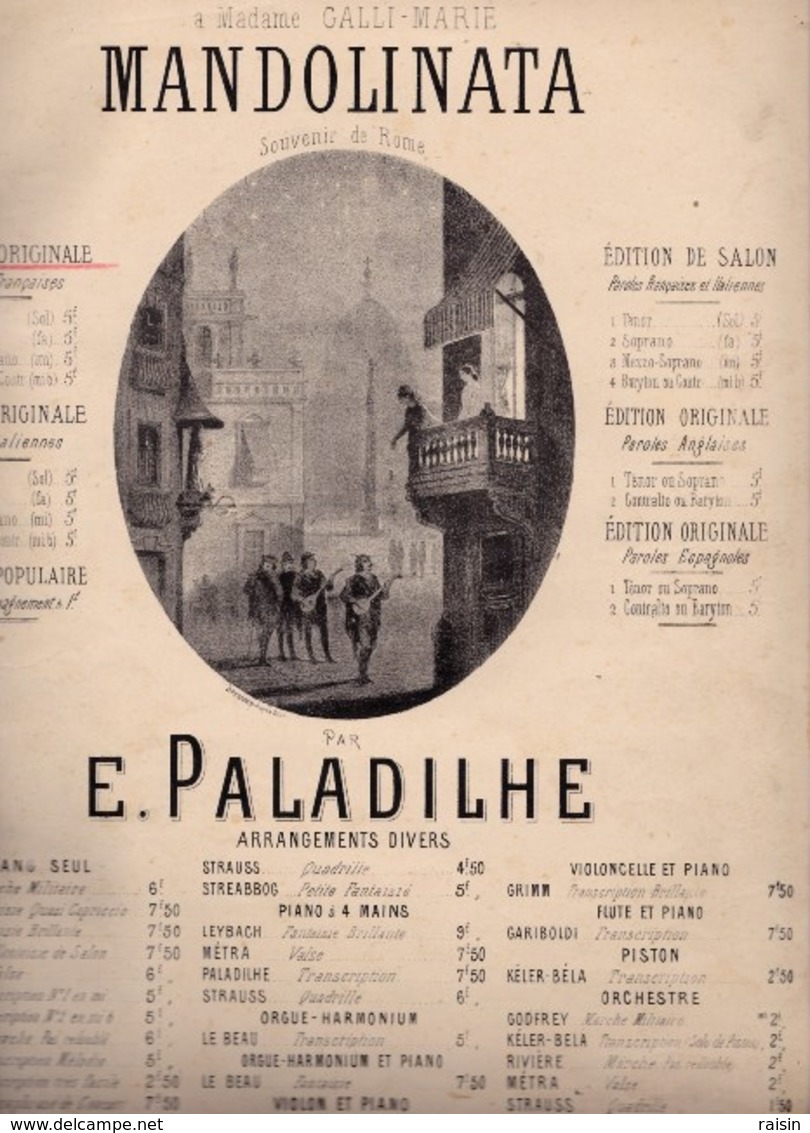 Mandolinata   Mandoline Souvenir De Rome Musique E.Paladilhe édition Originale Paroles Françaises  1850 état Moyen - Partitions Musicales Anciennes