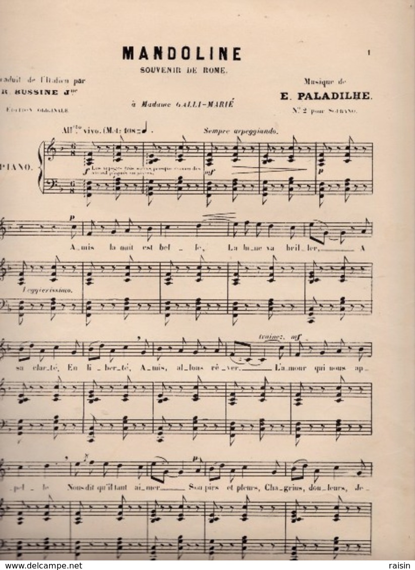 Mandolinata   Mandoline Souvenir De Rome Musique E.Paladilhe édition Originale Paroles Françaises  1850 état Moyen - Partitions Musicales Anciennes