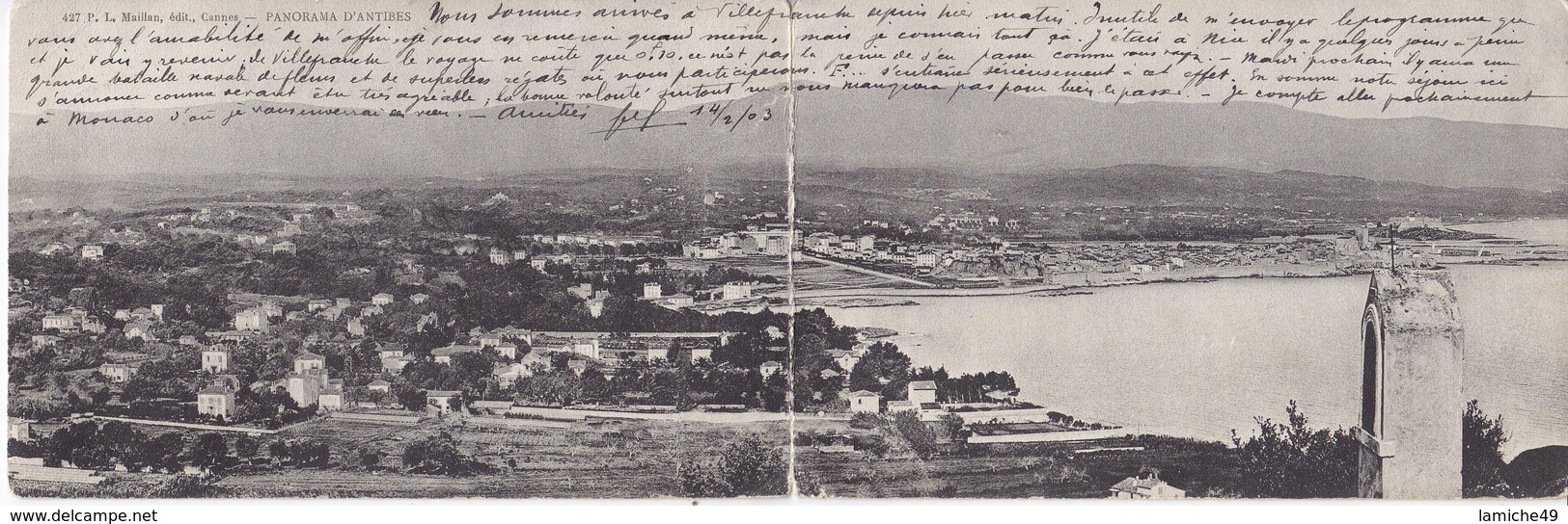 CPA PANORAMIQUE Panorama D’ANTIBES (carte Double) Circulée Timbrée 1906 - Autres & Non Classés