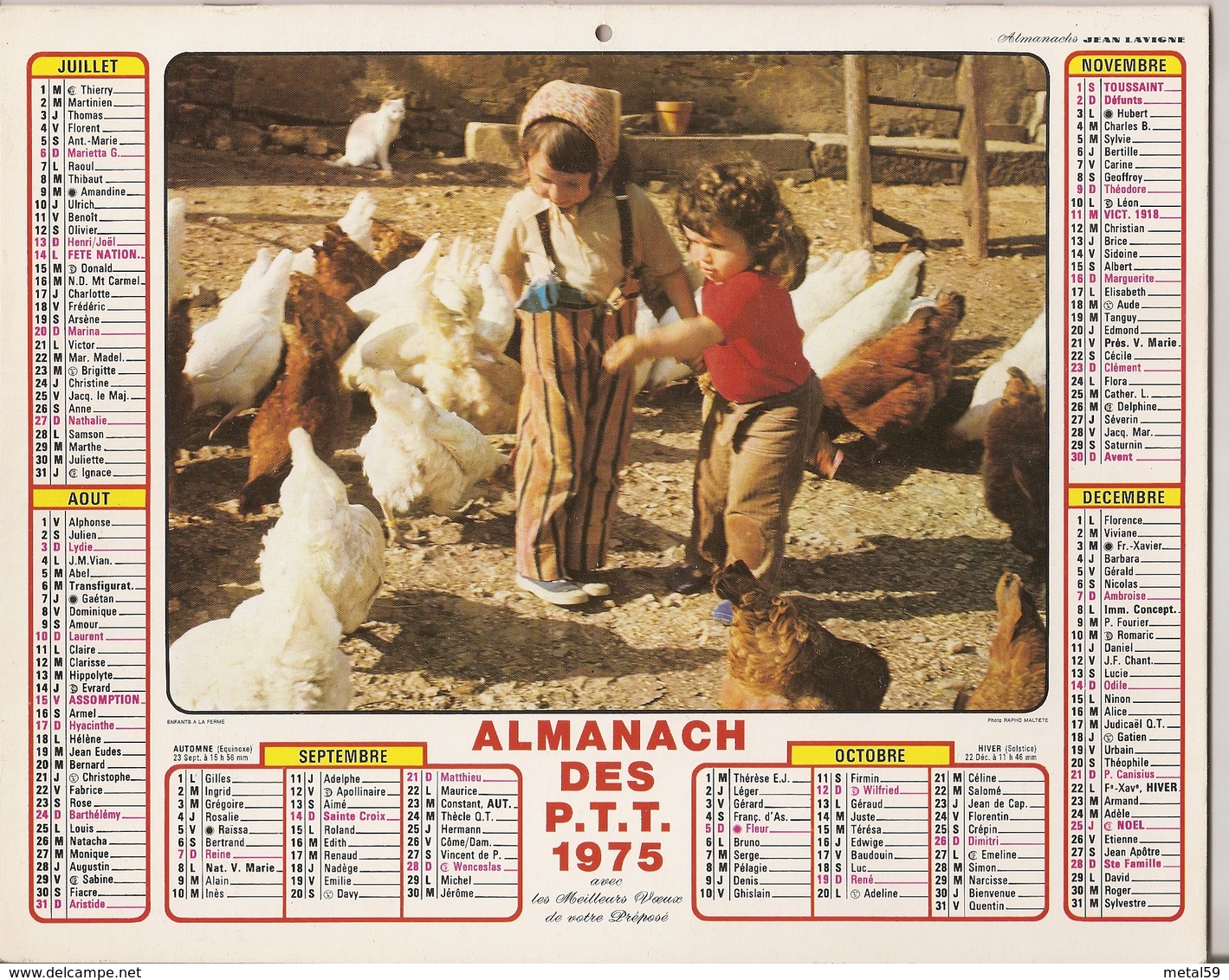 Calendrier PTT 1975 (Nord, Plans Villes, Marées) Enfants Dans Poulailler, Chien St Bernard - Grand Format : 1971-80