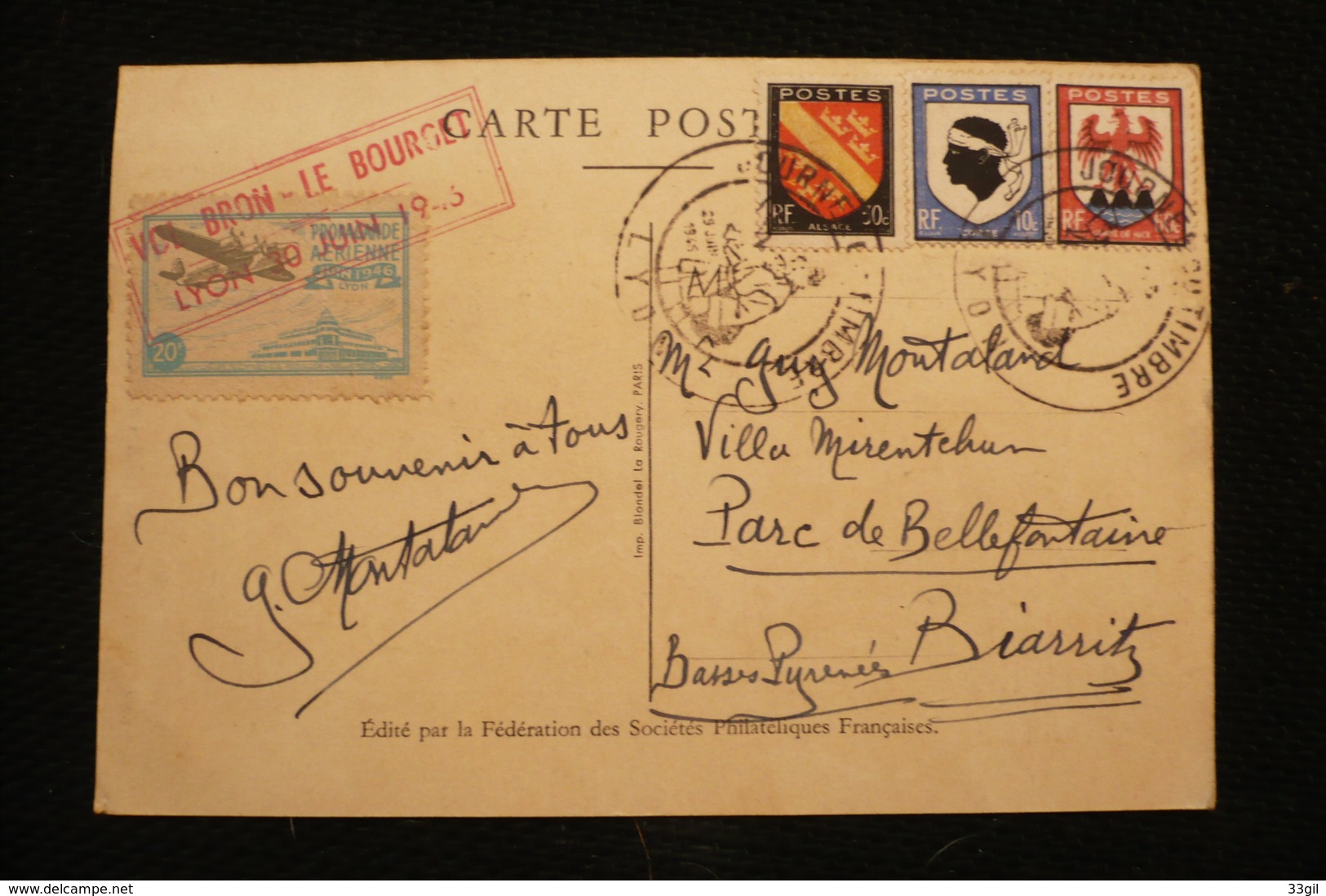 CP PJ Lyon Vignette Bron  Le Bourget Propagnade Aérienne 30/06/1946 - 1960-.... Covers & Documents