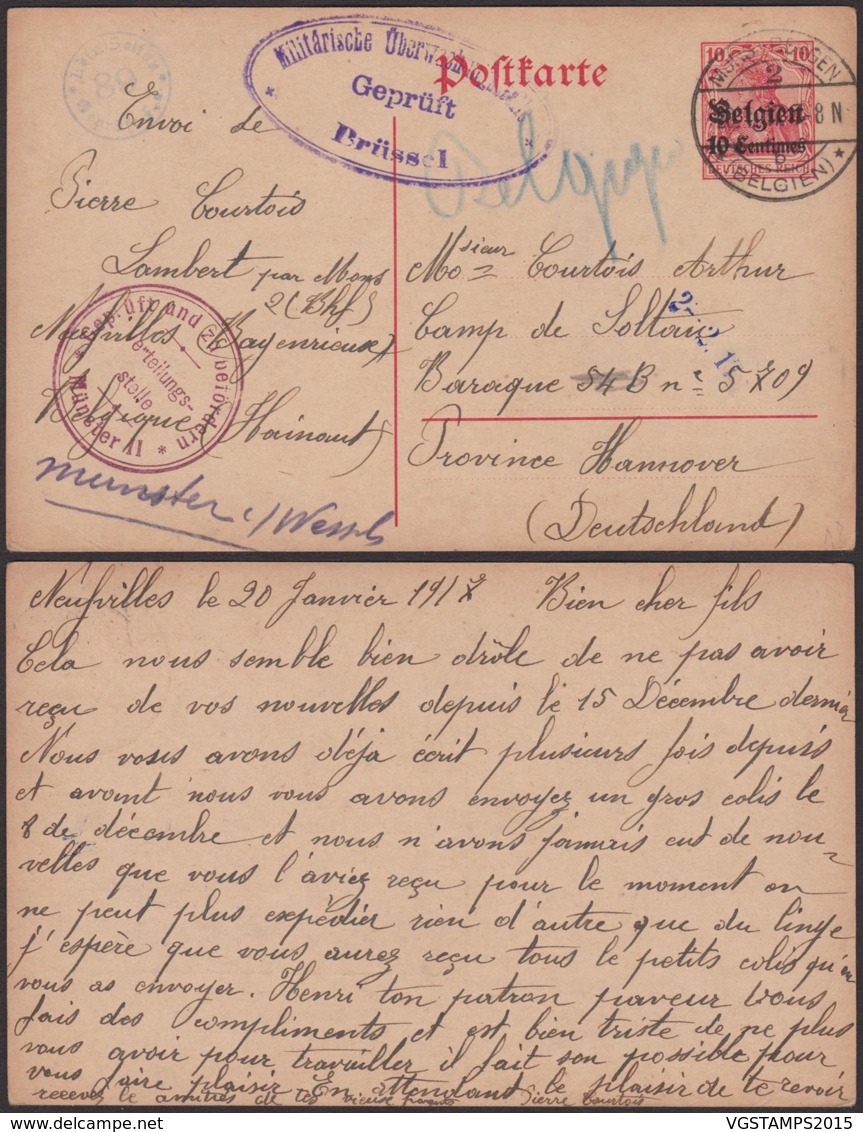 Belgique 1917 - EP Mons Vers Allemagne + Censure Vers Un Camps (AIX2703) DC1666 - German Occupation