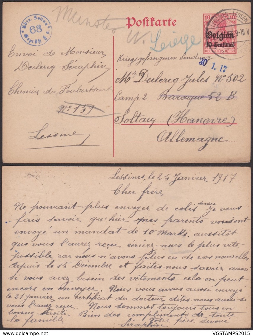 Belgique 1917 - EP Lessines Vers Allemagne + Censure Vers Un Camps (AIX2703) DC1667 - German Occupation