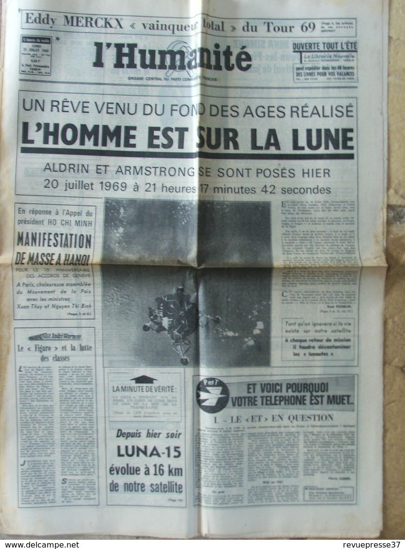 Journal L'Humanité (21 Juil 1969) Merckx Tour De France - Alfrin Et Armstrong Lune - Luna 15 - 1950 à Nos Jours