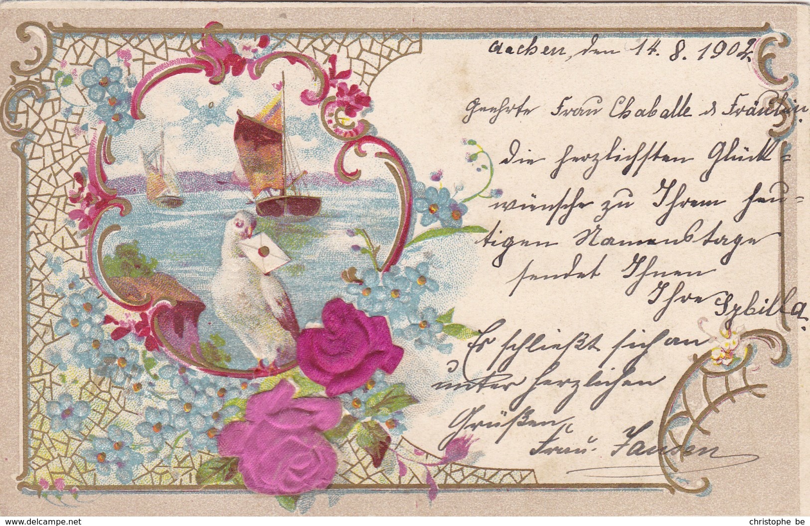 Old Postcard, Dove With A Letter, Boat. Reliëf, Gaufrée (pk54273) - Other & Unclassified