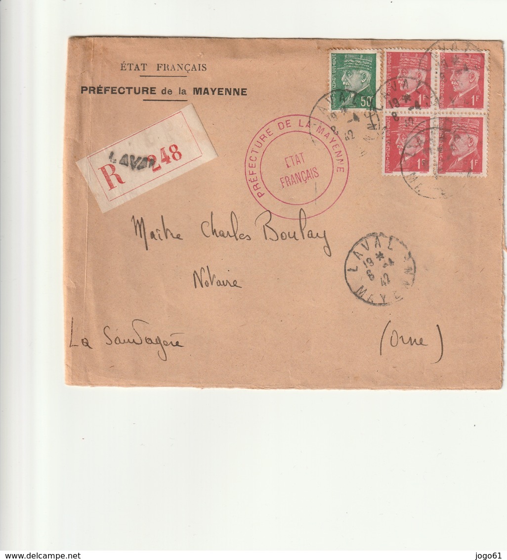 Lettre En Recommandée à 4f50 Pétain, Préfecture De La Mayenne. - 1921-1960: Moderne